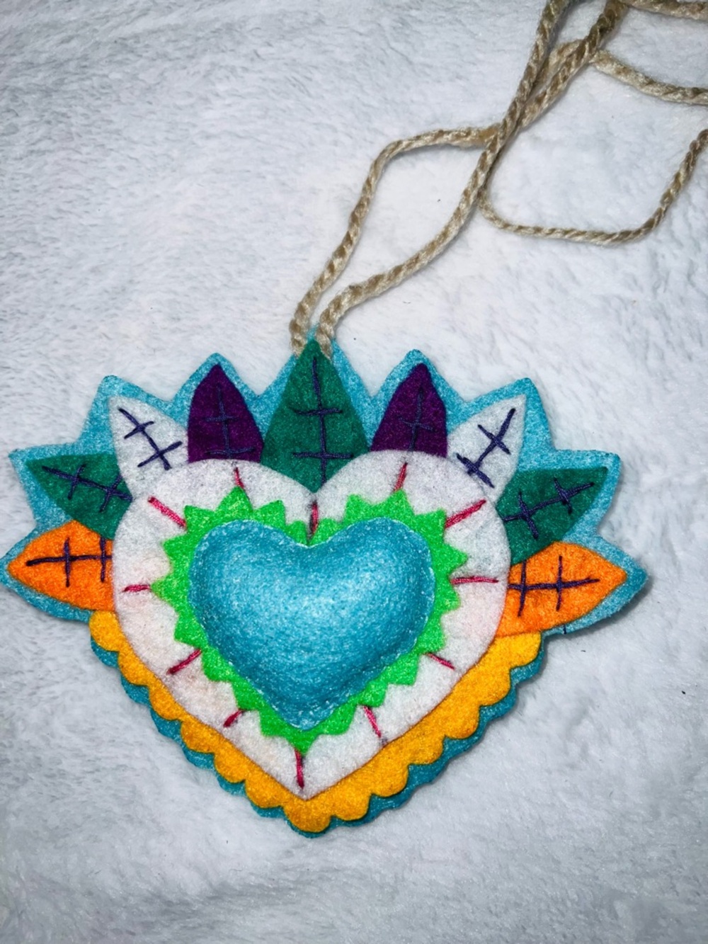 Hand Crafted Blue Turquoise Heart Felt Ornament with Green and Yellow Accents
